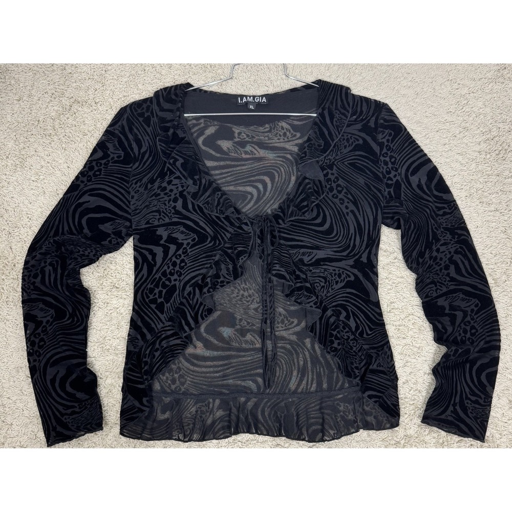I.AM.GIA Black Ruffled Long Sleeve Tie Front Burnout Top Sz XL Whimsigoth Fairy
